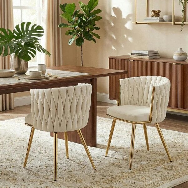 Bobobiy Velvet-Feel Dining Chairs Set of 2, Modern Upholstered Armchair with Knot Design and Golden Metal Legs, Accent Chair, Cream - Cream