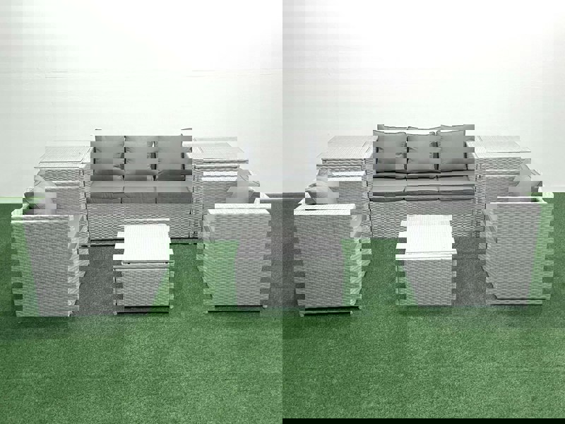 Fimous 5 Seater Rattan Garden Furniture Set with 3 Seater Sofa 2 Chair Square Coffee Table 2 Side Tables Light Grey Mixed