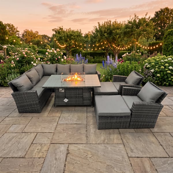 Fimous Poly Rattan Outdoor Patio Gas Fire Pit Dining Table Corner Sofa Set with 2 Big Stools 2 Chairs for Garden Backyard Dark Grey Mixed