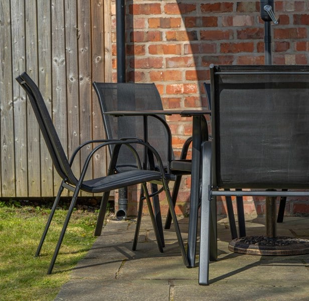 Samuel Alexander Outdoor 6 Person Rectangular Glass Top Garden Dining Table Chairs With Grey Parasol and Base Set