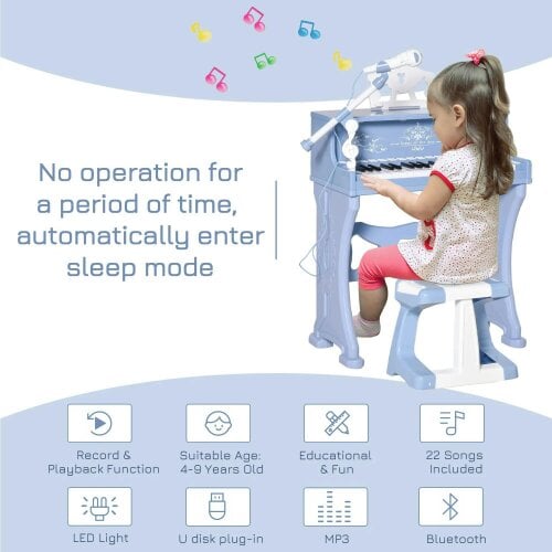 Bobobiy 37 Keys Kids Piano Mini Electronic Keyboard Light Kids Musical Instrument Educational Game Children Grand Piano Toy Set with Stool & (Blue)