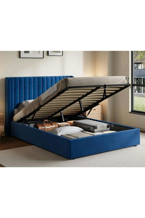 Groundlevel Belgravia Velvet Upholstered Gas Lift Ottoman Bed Frame - Navy