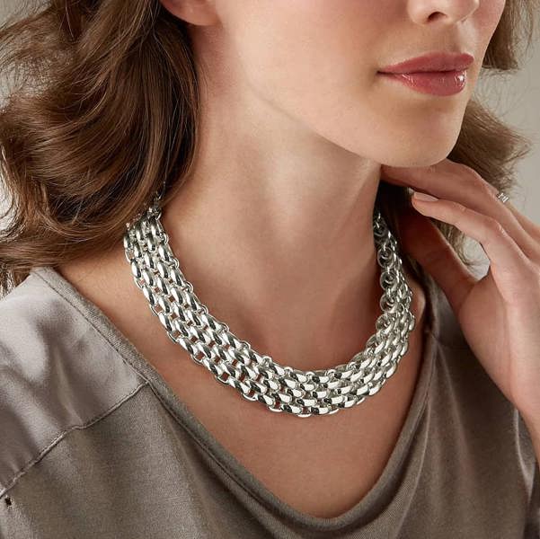 Pia Silver-Tone Collar Necklace, Woven Link Statement