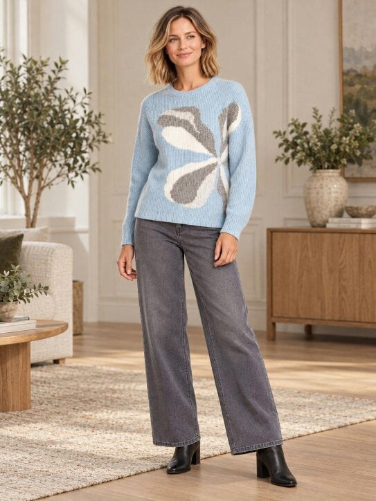 VIZ-A-VIZ Intarsia Floral Crew Neck Jumper
