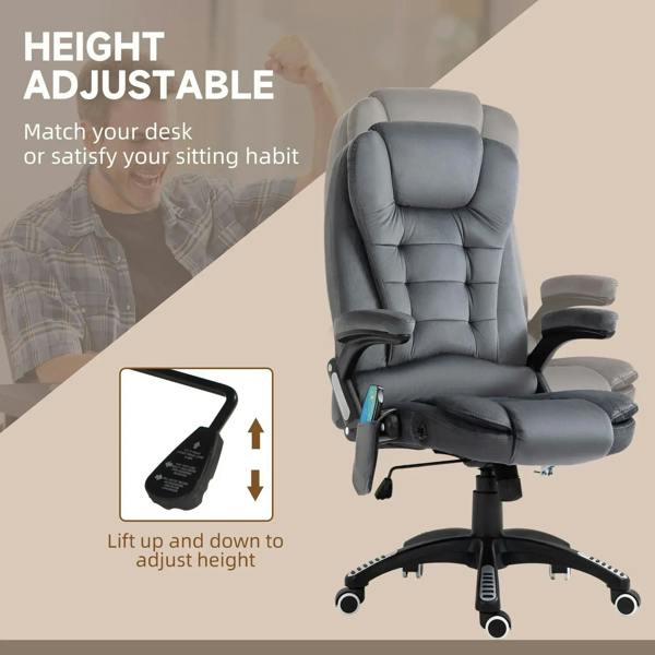 Grey massage recliner office chair with side control handle, reclining seat, swivel base
