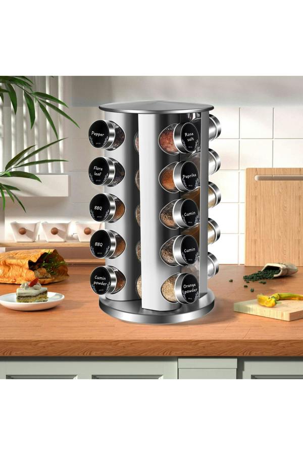 Dyzi 5 Tier Stainless Steel 360° Rotating Spice Rack with 20 Jars Silver