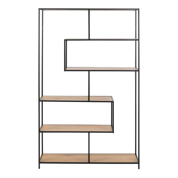Furniture To Go Seaford Black Metal Large Asymmetrical Bookcase with 5 Oak Shelves