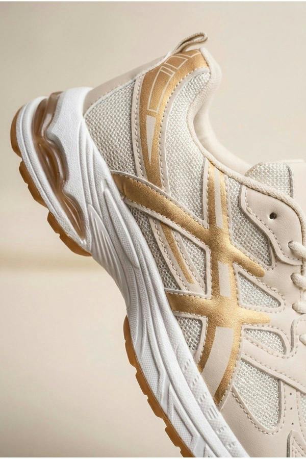 Constance Mixed Media Panelled Trainers - Beige