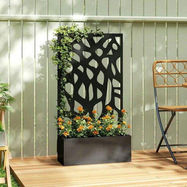 Metal Raised Garden Bed with Trellis, Outdoor Planter Box with Privacy Screen, Elevated Garden Box for Climbing Plants - Black