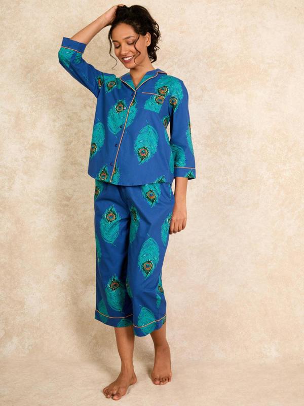 Their Nibs Navy Blue Peacock Feather Cotton Cropped Sleeve Capri Pyjama Set