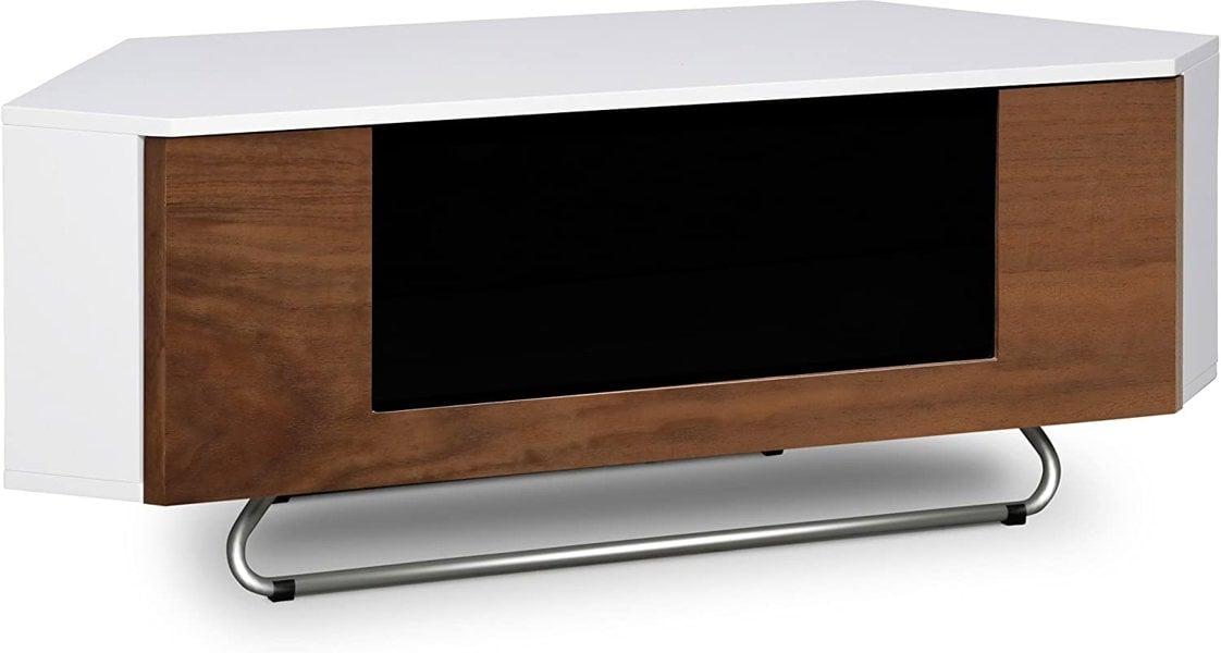 Centurion Supports Hampshire Corner-Friendly Gloss White with Walnut Contrast Beam-Thru Remote Friendly Door 26"-50" Flat Screen TV Cabinet
