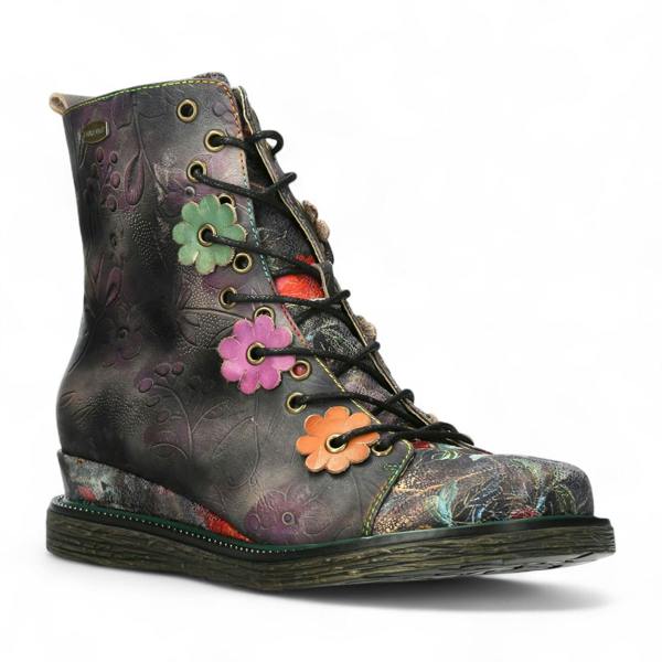 Laura Vita Ercnaulto 212 Grey Floral Womens Gothic Victorian Leather Lace-Up Ankle Heeled Boots