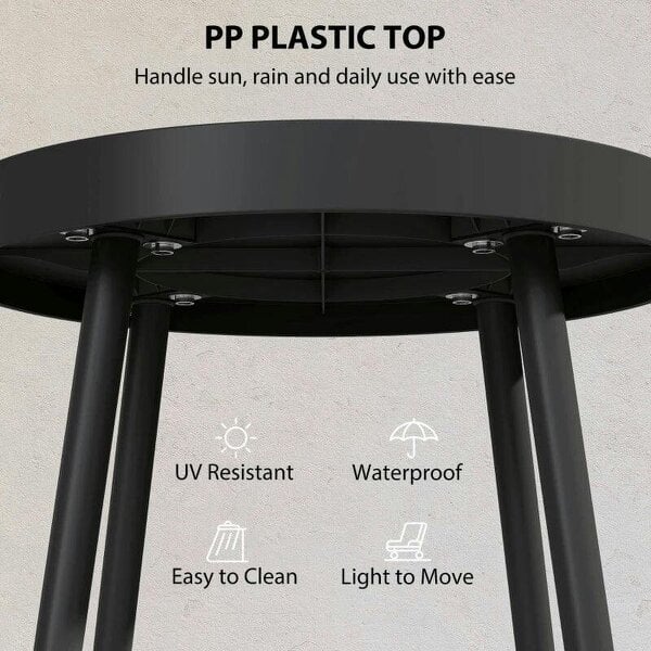 Bobobiy 49.5 cm Round Garden Table, Small Outdoor Coffee Side Table with Plastic Tray-Style Top, Metal Legs, Black