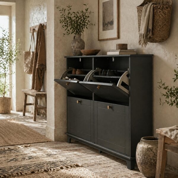 Wyld Haus Serodo Wooden Black Slim Shoe Cupboard With 4 Flip Drawer For 16 Pairs