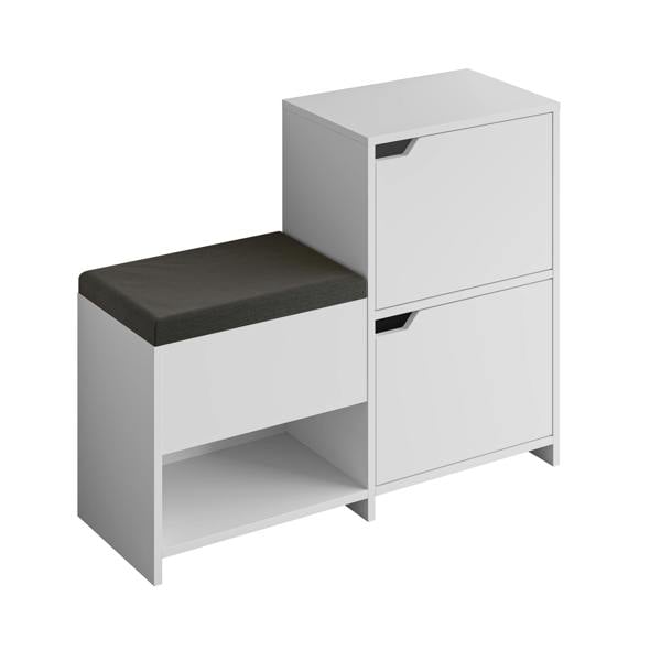 Decortie Modern Haven Shoe Bench Rack White 101.5(W) Organiser Hallway 2 Cupboard Storage Cabinet 1 Open Shelf Fabric Seat