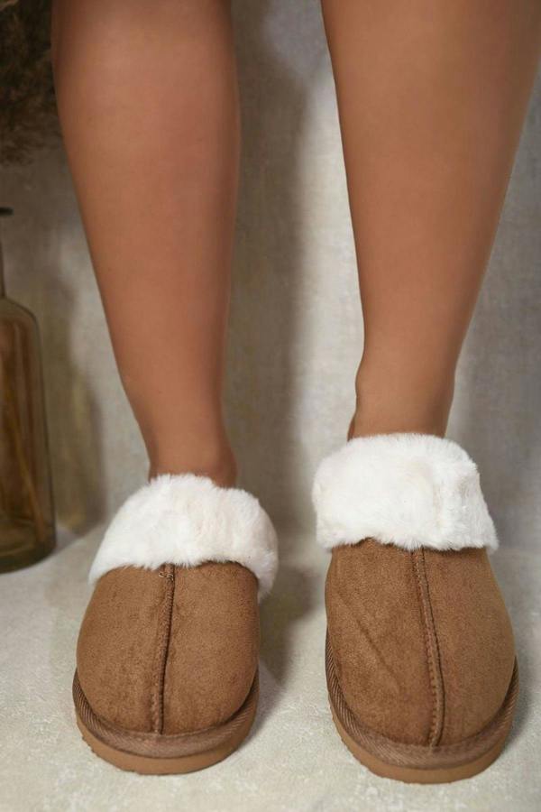 Josie Fuzzy Faux Fur Lined Slip-on Slippers - Chestnut