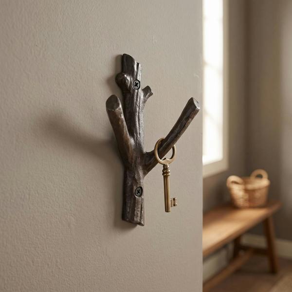 Compact antique cast iron tree hook mounted on a textured wall, showcasing intricate design and vintage finish in a cozy entryway setting.