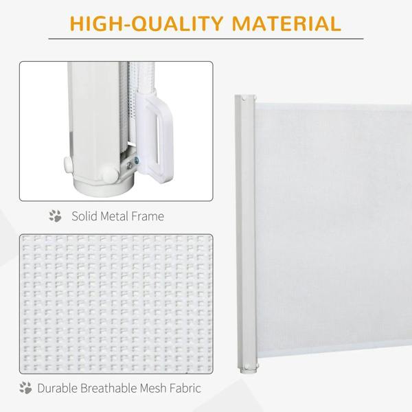 White retractable dog gate with solid metal frame and durable breathable mesh fabric