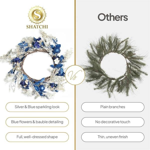 58cm Gold and Blue Baubles Wreath, Artificial PE Christmas Door Decoration image 3