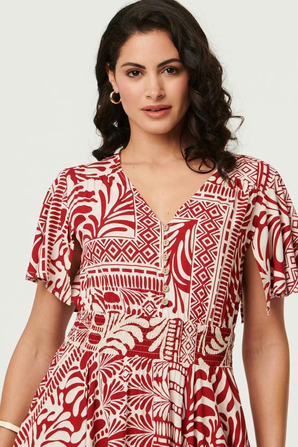 Red | Abstract Print Angel Sleeve Midi Dress