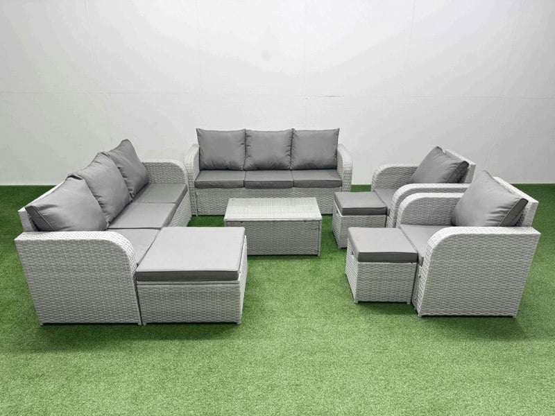 Fimous PE Rattan High Back Lounge Sofa Set Patio Coffee Table & Chairs Set with 3 Seater Sofa Reclining Chair 3 Stools Light Grey
