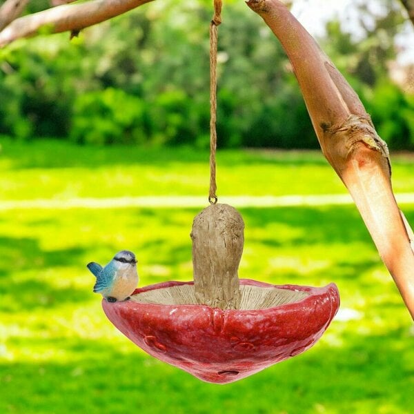 EDH Door Hardware Red Resin Mushroom Bird Feeder with Blue Tit – Charming & Functional Garden Décor