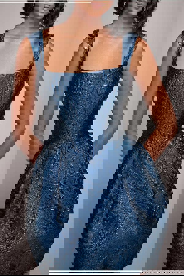 Corset Balloon Skirt Lace Up Back Mini Dress - Navy Blue DR4778