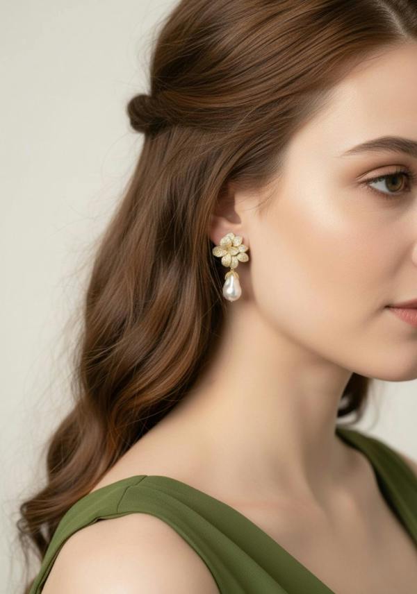 Close-up of a woman wearing floral earrings with a neutral background