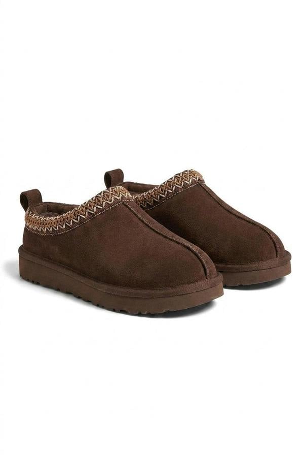 Ravina Chunky Slip On Suede Slippers With Stitch Detail - Brown_wb