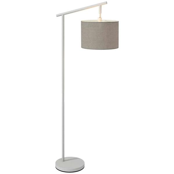 Grey fabric drum lampshade floor lamp with tall white metal pole and base