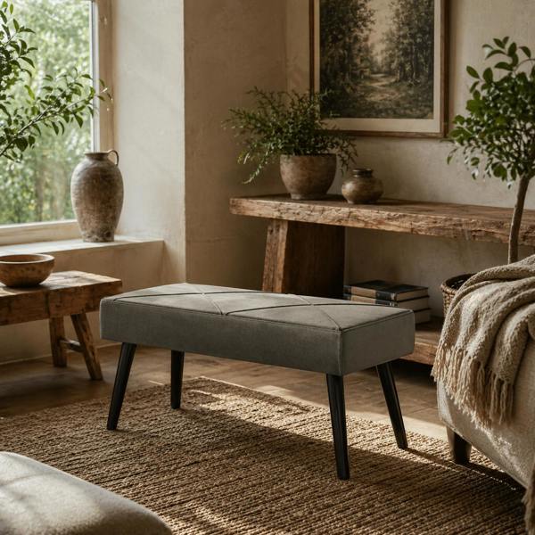Wyld Haus Mazuka Grey End Of Bed Bench With X Frame Black Metal Legs Geometric Pattern