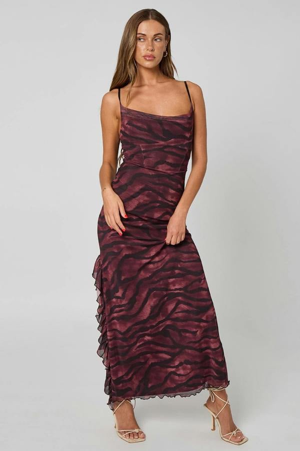 Urban Bliss Zebra Cowl Corset Maxi Dress with Ruffles