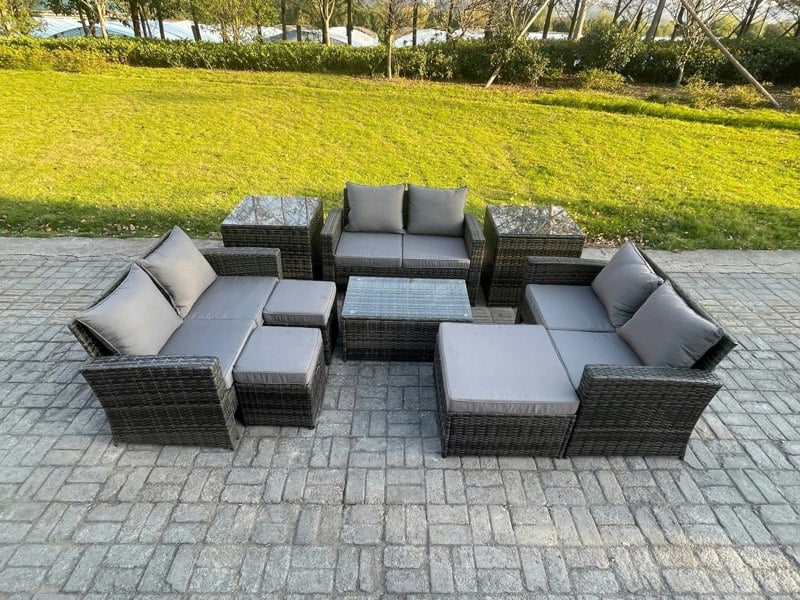 Fimous 9pc Rattan Sofa Garden Furniture Outdoor Patio Set with 2 Side Tables 3 Footstools Love Seat Sofa Dark Grey Mixed