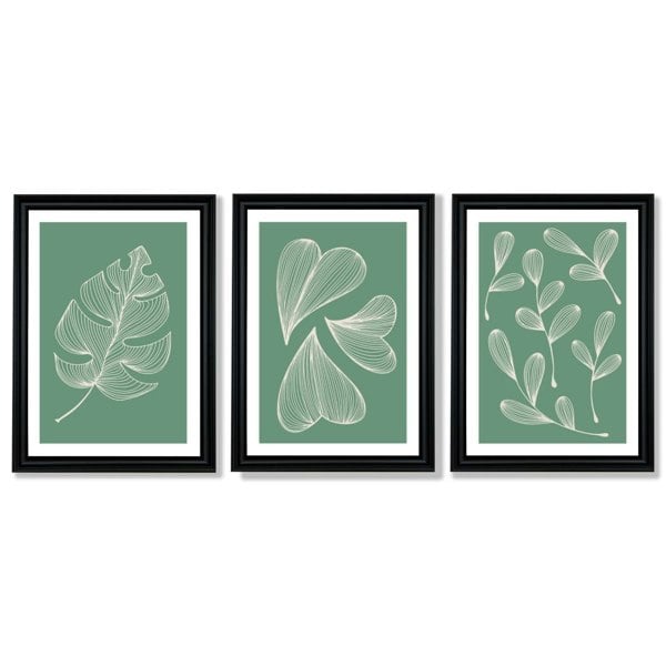 Set of 3 Green Minimal Sketch Leaves  Framed Art Prints with Vermeer Black Frames