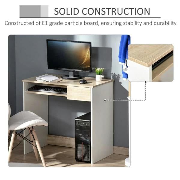Compact desk with oak desktop, keyboard tray, and lower drawer for office storage