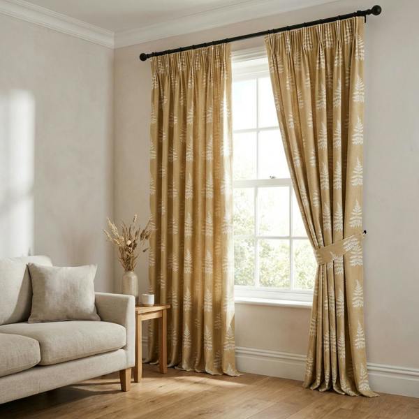 Fern made-to-measure curtains in Ochre, styled in a living room