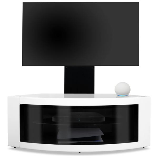Homeology PANGEA Black/White Beam-Thru Curved True-Corner 32"-50" TV Cabinet with Mounting Arm