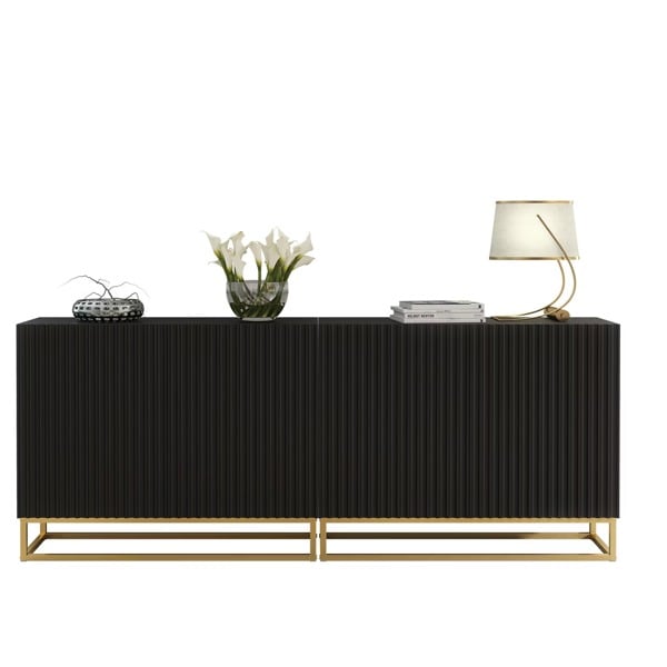 Mex Furniture Sophisticated Black Sideboard with Fluted Fronts & Gold Legs – 200cm Storage Unit