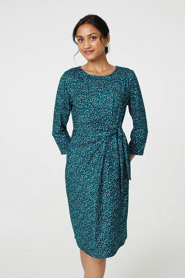 Green | Animal Print Knot 3/4 Sleeve Short Dress

