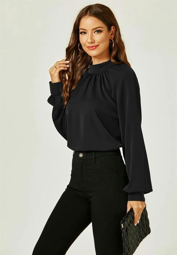 FS Collection Halter Neck Long Sleeve Blouse Top In Black