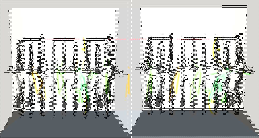 Bike wall rack for 3, 4 or 5 bikes. Illustration of 3 x 1M rails fitted in a line. Wall mounting bike storage racks for road bikes, mountain bikes. Rear wheels on the floor.