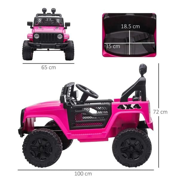 Pink kids ride-on off-road car with black steering wheel, openable doors, and knobby tires