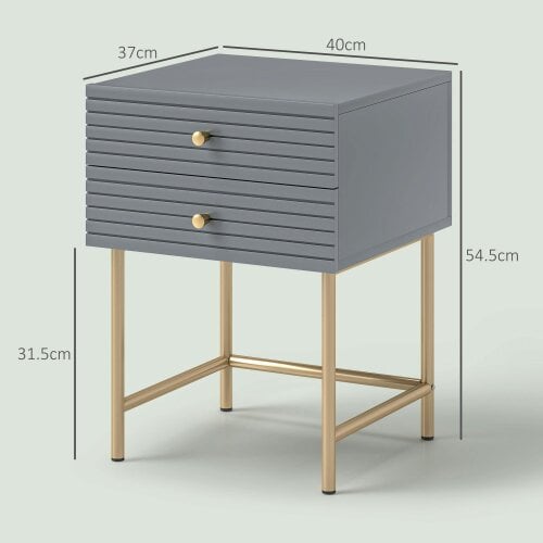 Wyld Haus Lika Set Of 2 Grey And Gold Elegant Bedside Tables Ribbed Drawers