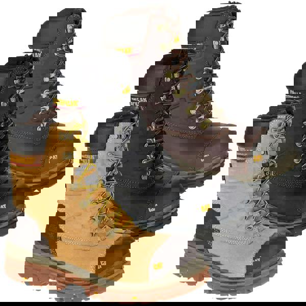 Caterpillar Premier 8 TX Mens Composite Toe/Midsole Water-Resistant Work Boots, showing three pairs in tan, black, and brown colors with sturdy construction and protective features.