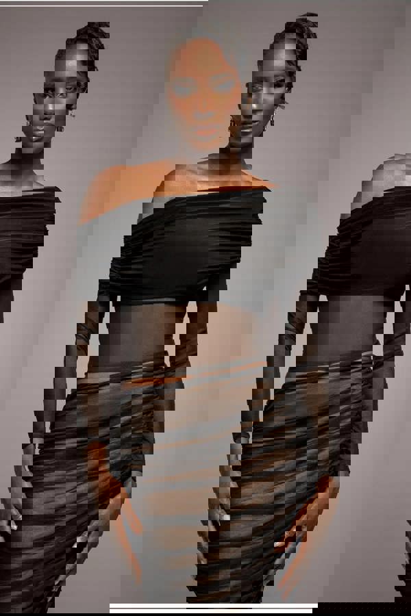 Gathered Bardot Asymmetric Mesh Panel Top - Black T272