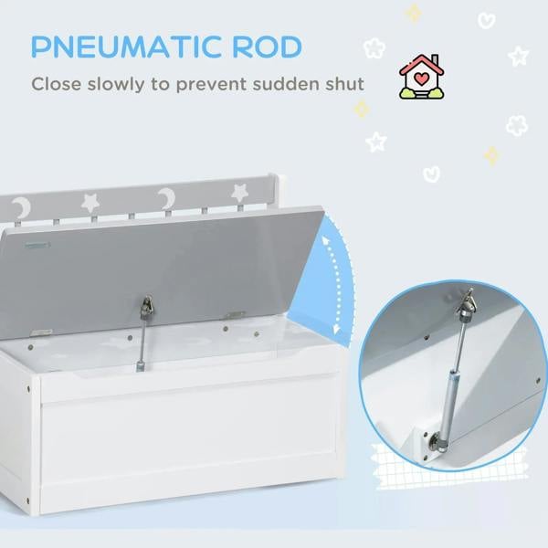 Toy box storage bench with safety rod support under the lid for slow closing