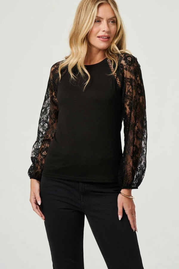 Black | Floral Lace Long Sleeve Blouse Top
