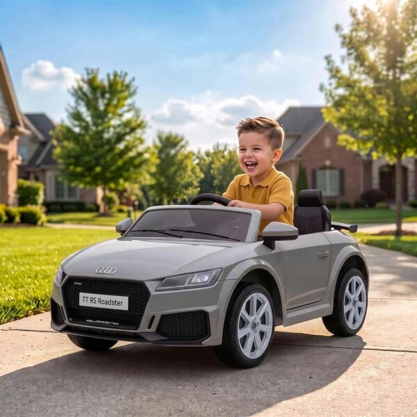12V Audi TT RS Licensed Electric Car, Electric Ride On Toy with Remote Control, Dual Motors, 4-Wheel Suspension, Grey