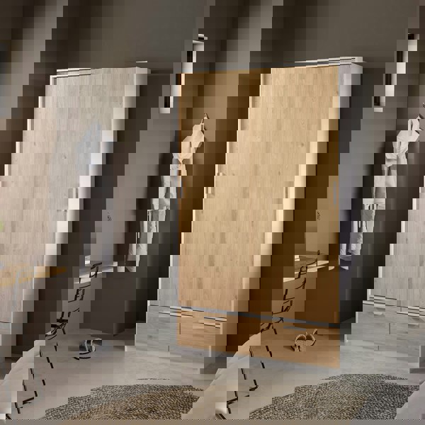 Furniture To Go Line Wardrobe with 2 Doors + 2 Drawers in White and Jackson Hickory Oak