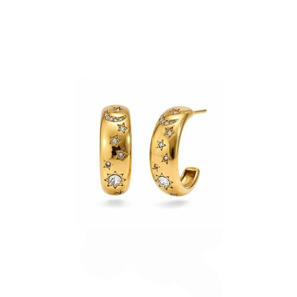 Gold hoop earrings with embedded stones on a white background